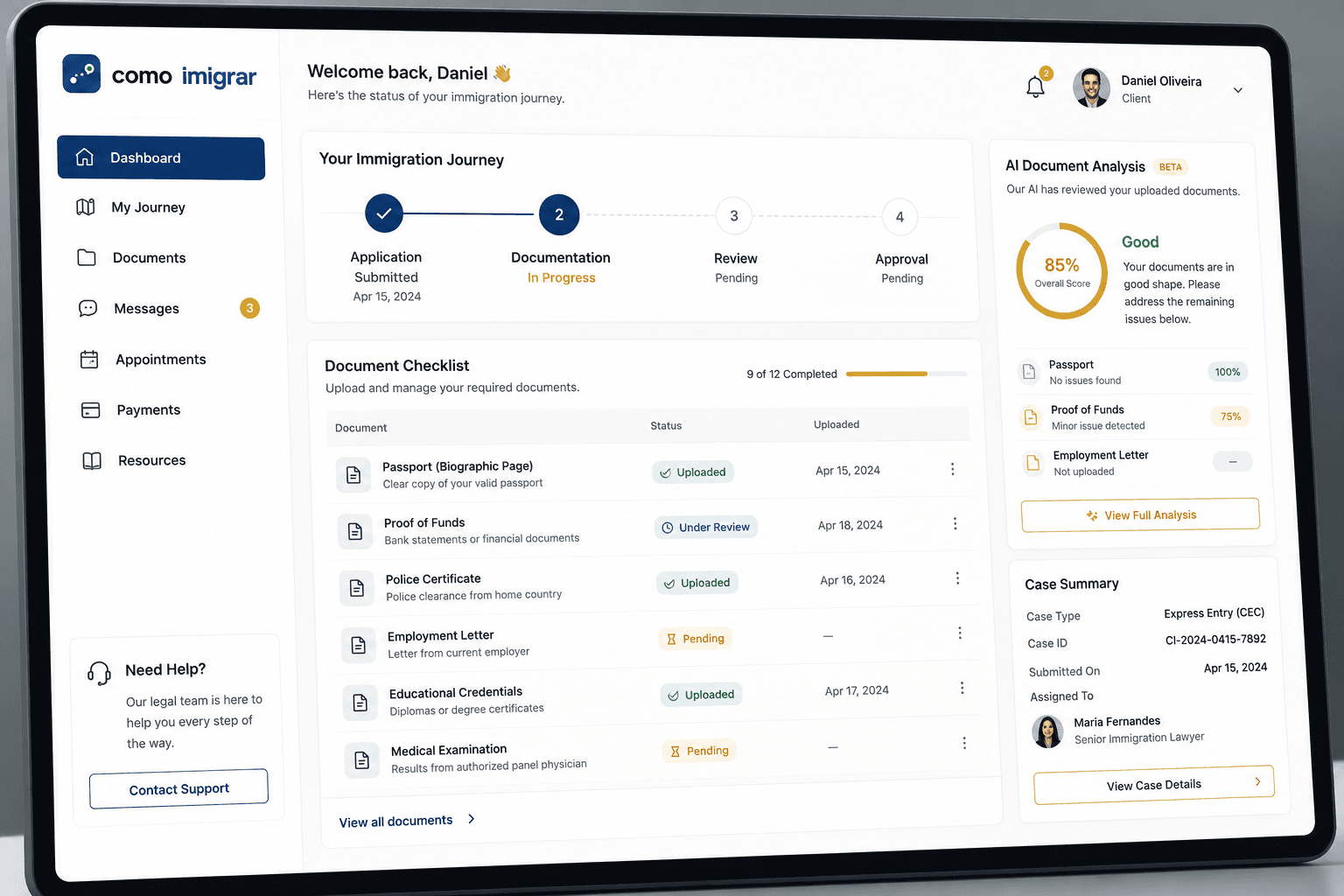comoimigrar immigration journey dashboard with document checklist